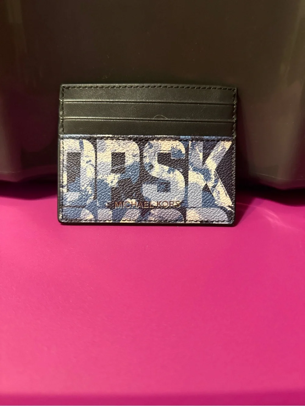 Leather Card Holder with Blue Camouflage Print - Men's Accessory
